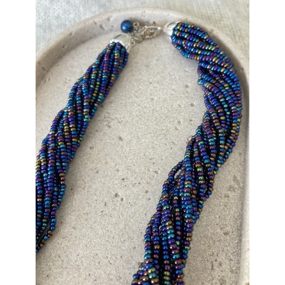 Iridescent Seed Bead Necklace‎ Multi Strand Twisted Peacock Blue Purple Chunky